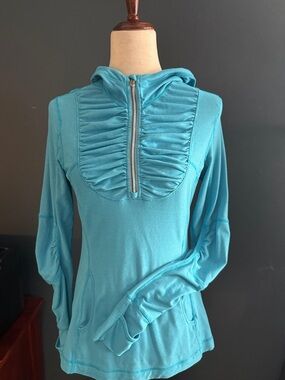 lululemon athletica aqua blue ruched half-zip hoodie